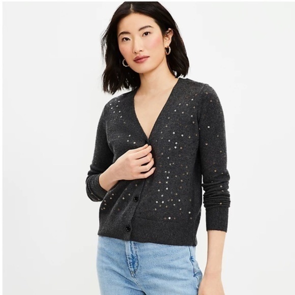 Loft • Charcoal Grey Star Sequin V Neck Cardigan - Picture 1 of 7